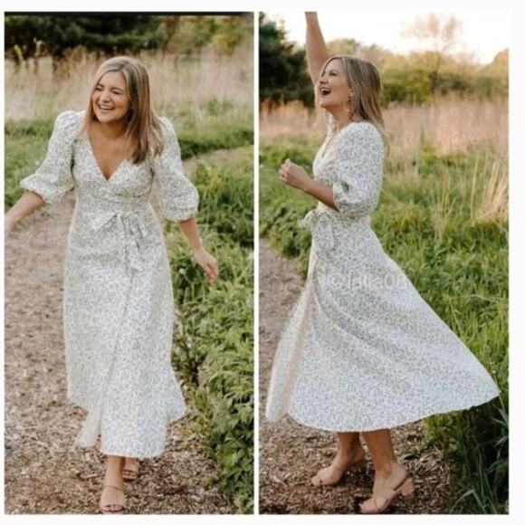 Reformation Dresses & Skirts - Reformation Mint Linen Wrap Midi Dress Floral Ivy Green Sz S